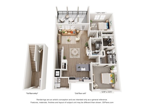 A floor plan of a two-story apartment with dimensions and a disclaimer.